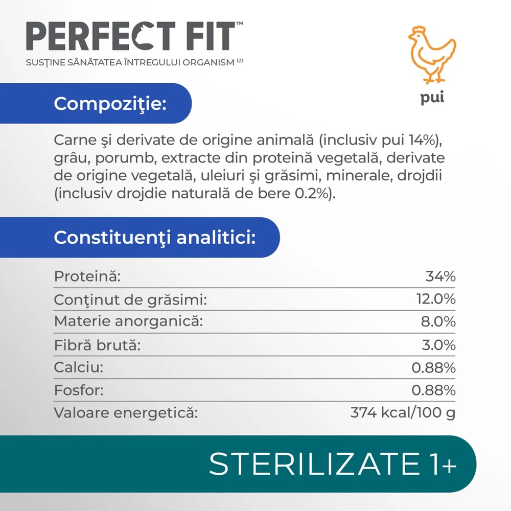 Hrana uscata pentru pisici PERFECT FIT Sterile, Adult, Pui, 750 g