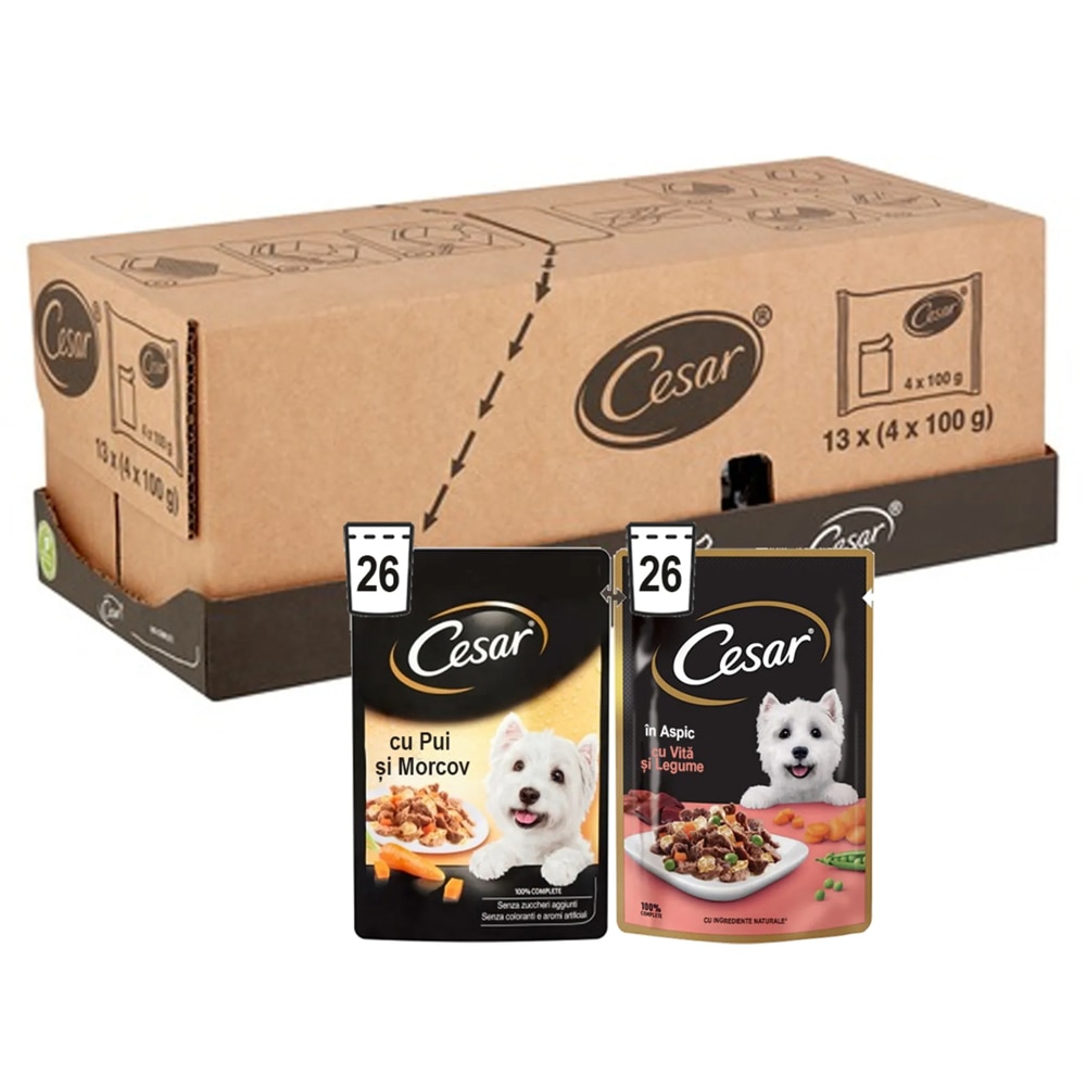 Hrana umeda pentru caini CESAR, Adult, Mix in aspic, 13 x 4 x 100 g