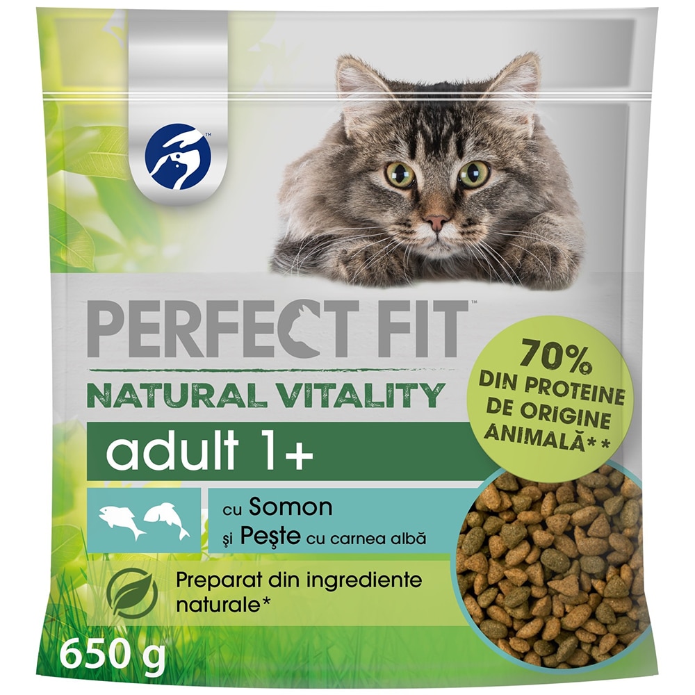 Hrana umeda pentru pisici PERFECT FIT Natural Vitality, Adult, Somon si peste, 650 g