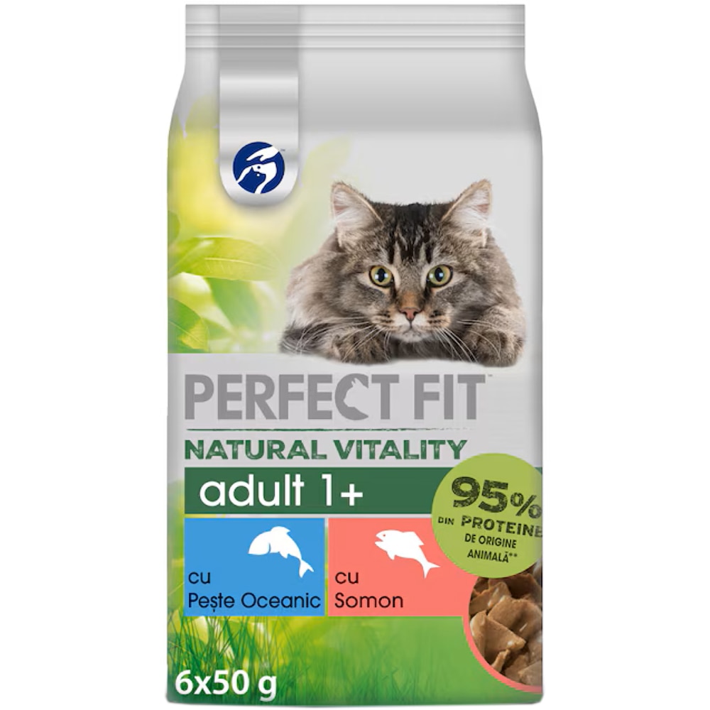 Hrana umeda pentru pisici PERFECT FIT Natural Vitality, Adult, Somon si peste, 6 x 50 g