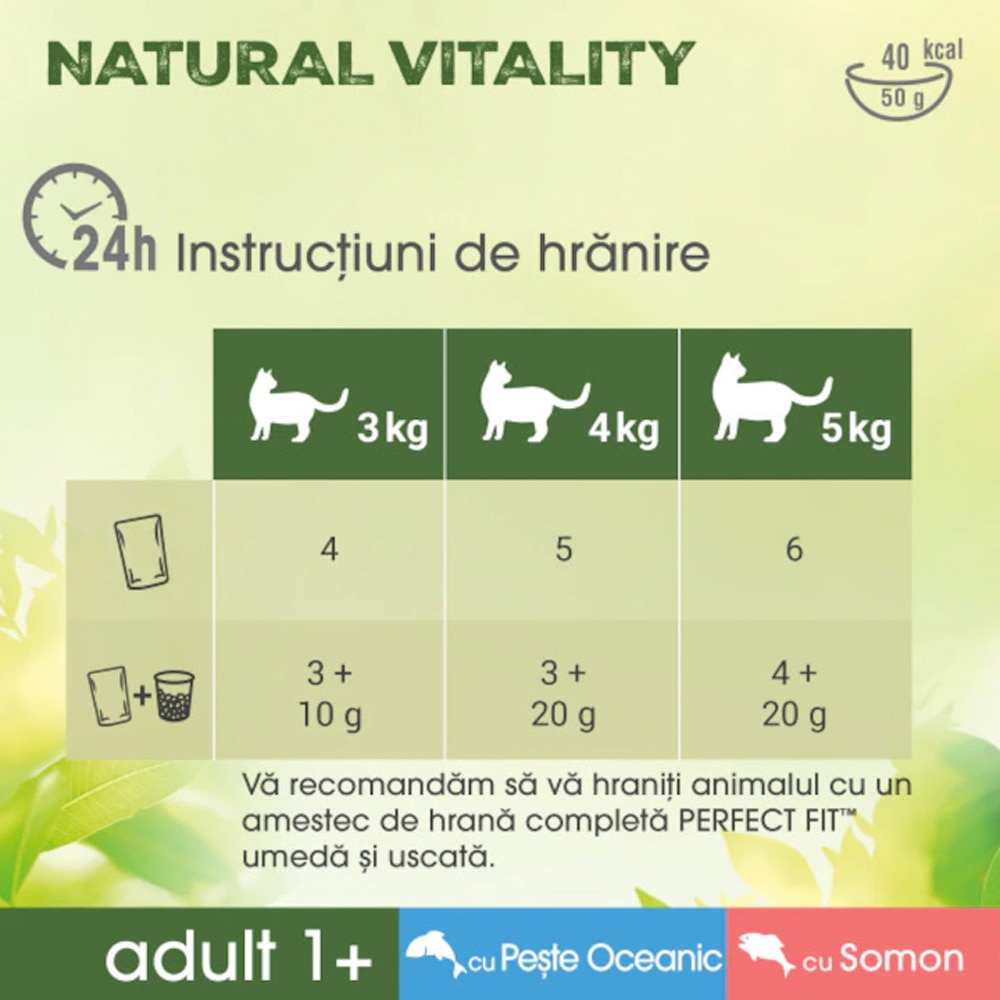Hrana umeda pentru pisici PERFECT FIT Natural Vitality, Adult, Somon si peste, 6 x 50 g