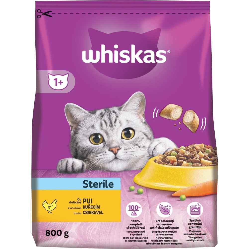 Hrana uscata pentru pisici WHISKAS Sterile, Adult, Pui, 800 g