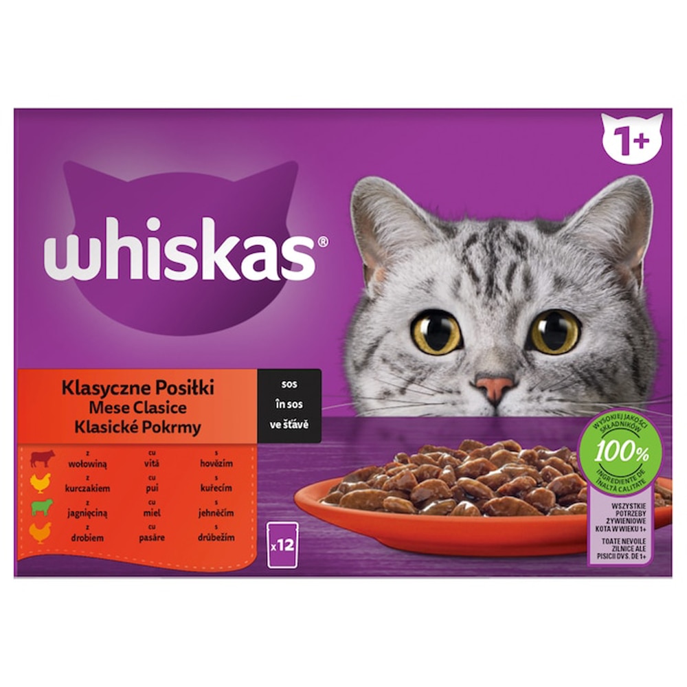 Hrana umeda pentru pisici WHISKAS Mese Clasice, Adult, Mix in sos, 12 x 85 g