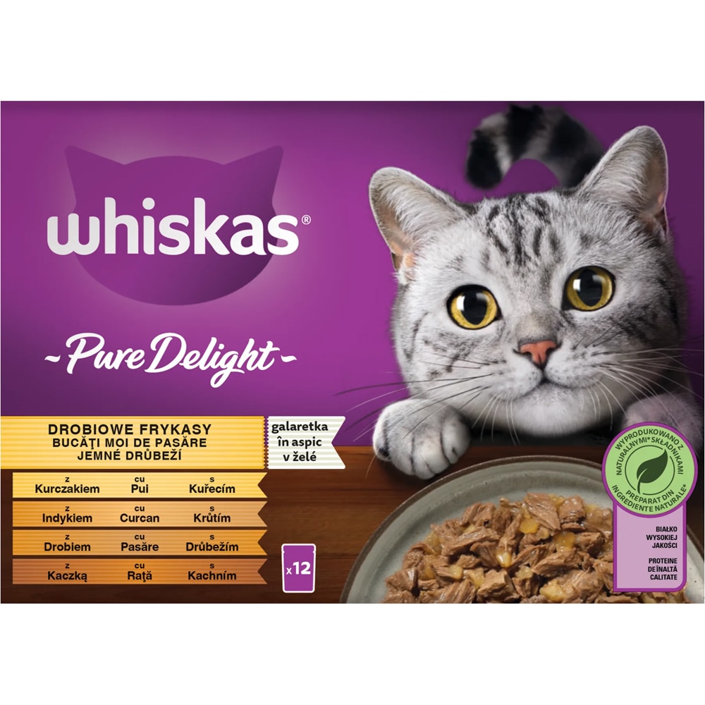 Hrana umeda pentru pisici WHISKAS Pure Delight, Adult, Pasare in aspic, 12 x 85 g