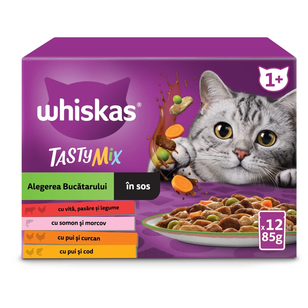 Hrana umeda pentru pisici WHISKAS Tasty Chef's choice, Adult, Mix in sos, 12 x 85 g