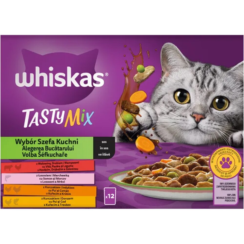 Hrana umeda pentru pisici WHISKAS Tasty Chef's choice, Adult, Mix in sos, 12 x 85 g