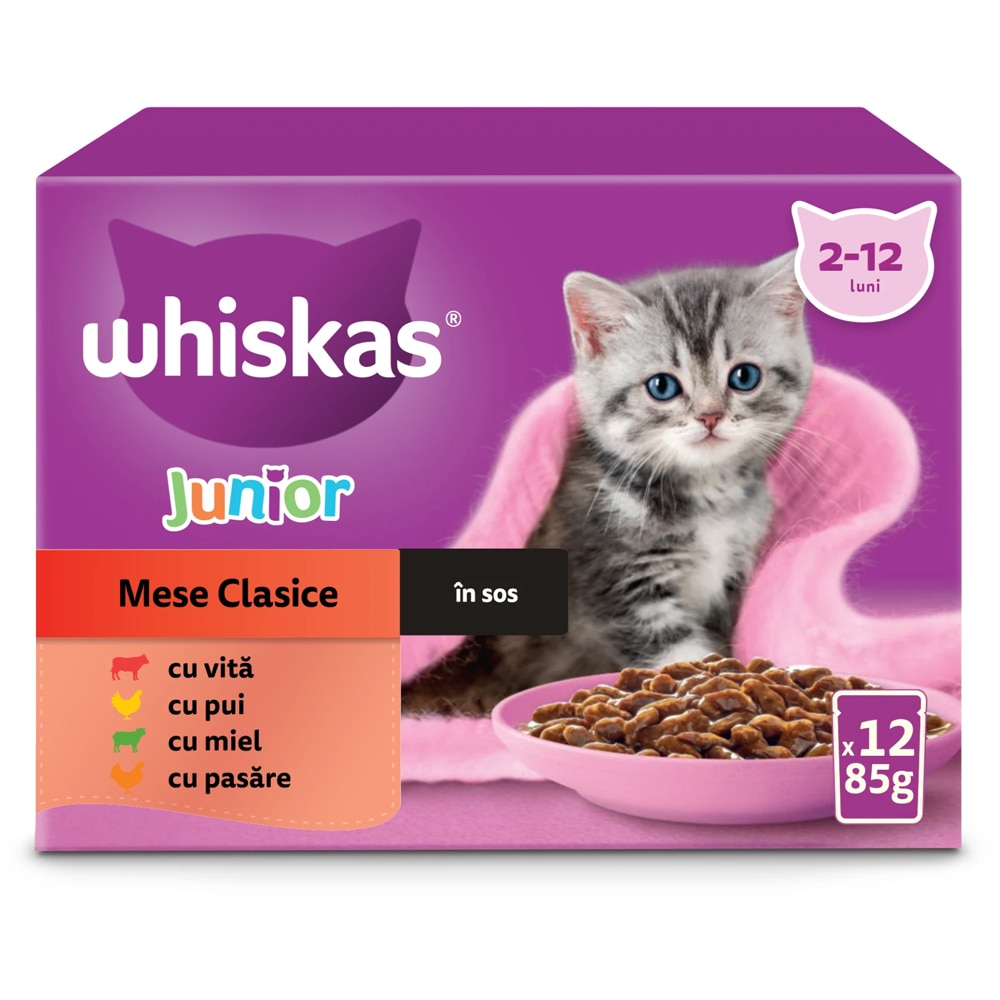 Hrana umeda pentru pisici WHISKAS Mese Clasice, Junior, Mix in sos, 12 x 85 g
