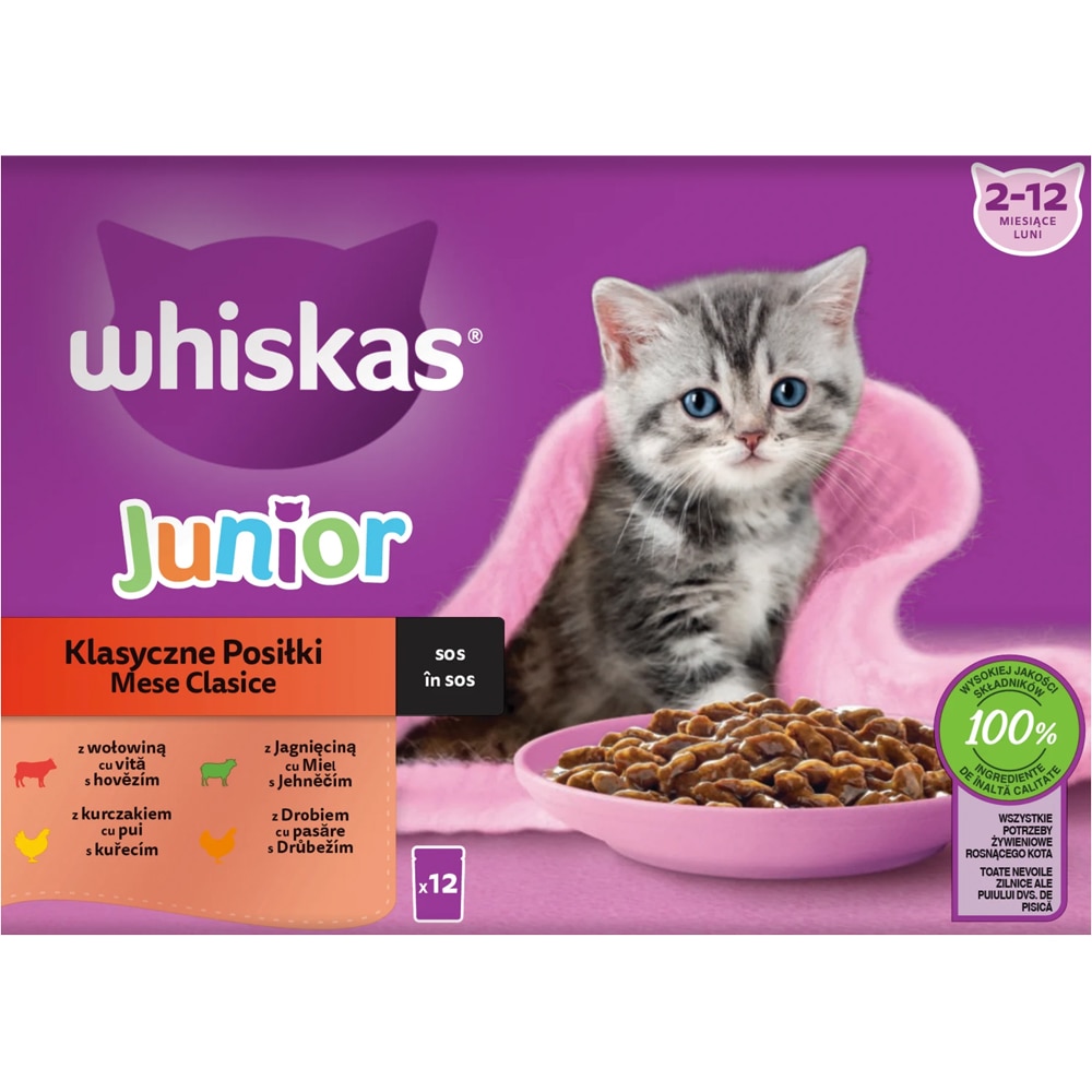 Hrana umeda pentru pisici WHISKAS Mese Clasice, Junior, Mix in sos, 12 x 85 g