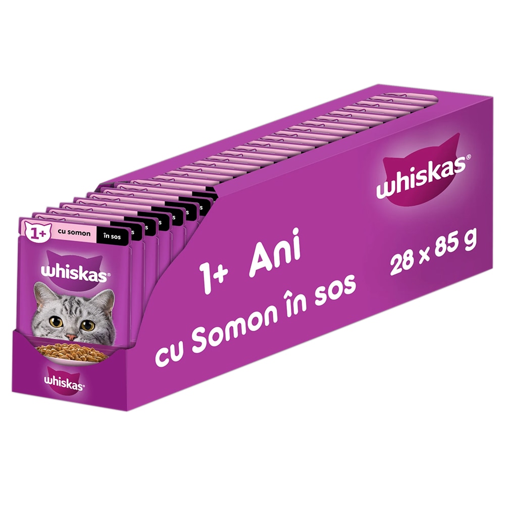 Hrana umeda pentru pisici WHISKAS, Adult, Somon in sos, 28 x 85 g