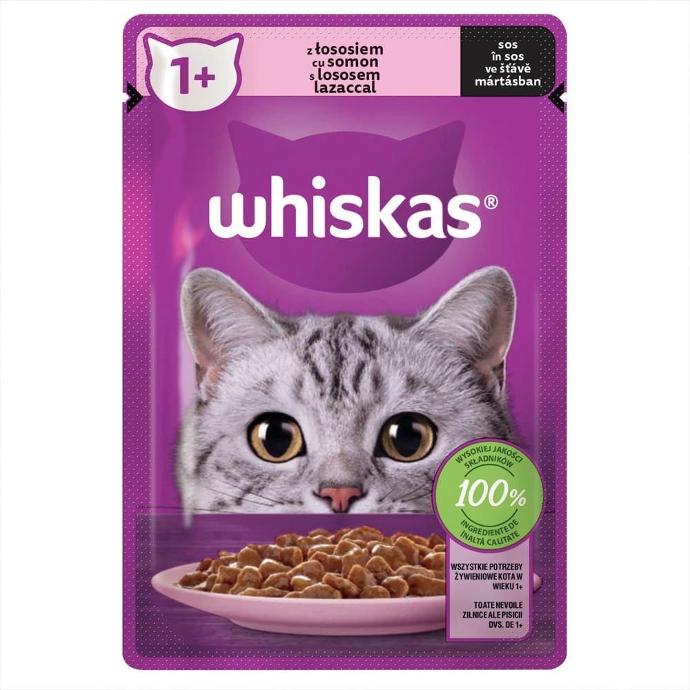 Hrana umeda pentru pisici WHISKAS, Adult, Somon in sos, 28 x 85 g