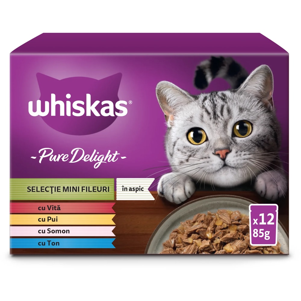 Hrana umeda pentru pisici WHISKAS Pure Delight, Adult, Mix in aspic, 12 x 85 g