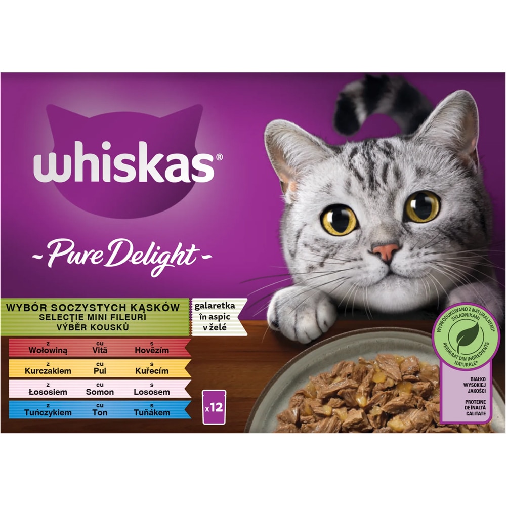 Hrana umeda pentru pisici WHISKAS Pure Delight, Adult, Mix in aspic, 12 x 85 g