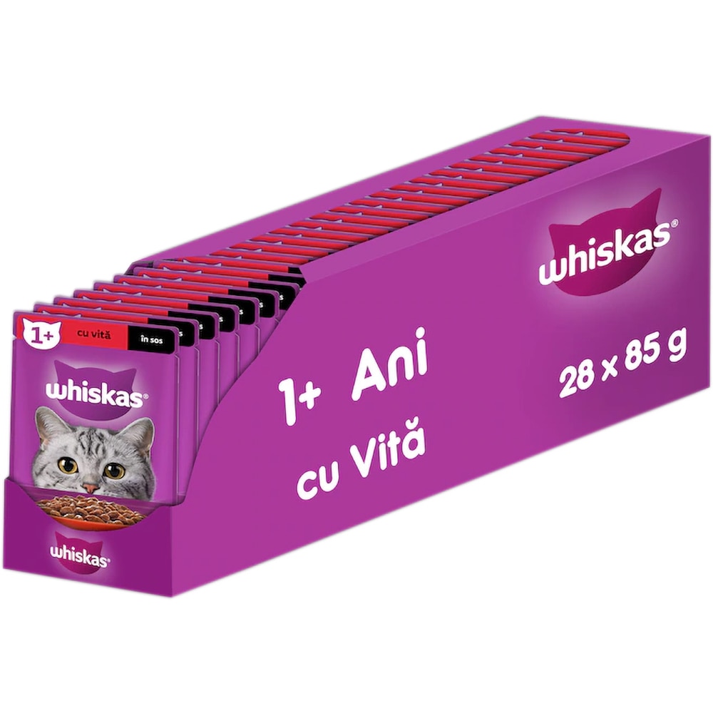 Hrana umeda pentru pisici WHISKAS, Adult, Vita in sos, 28 x 85 g