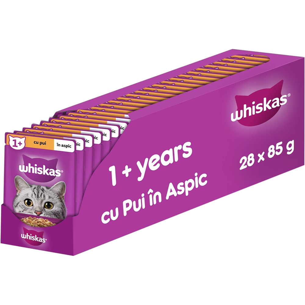 Hrana umeda pentru pisici WHISKAS, Adult, Pui in aspic, 28 x 85 g