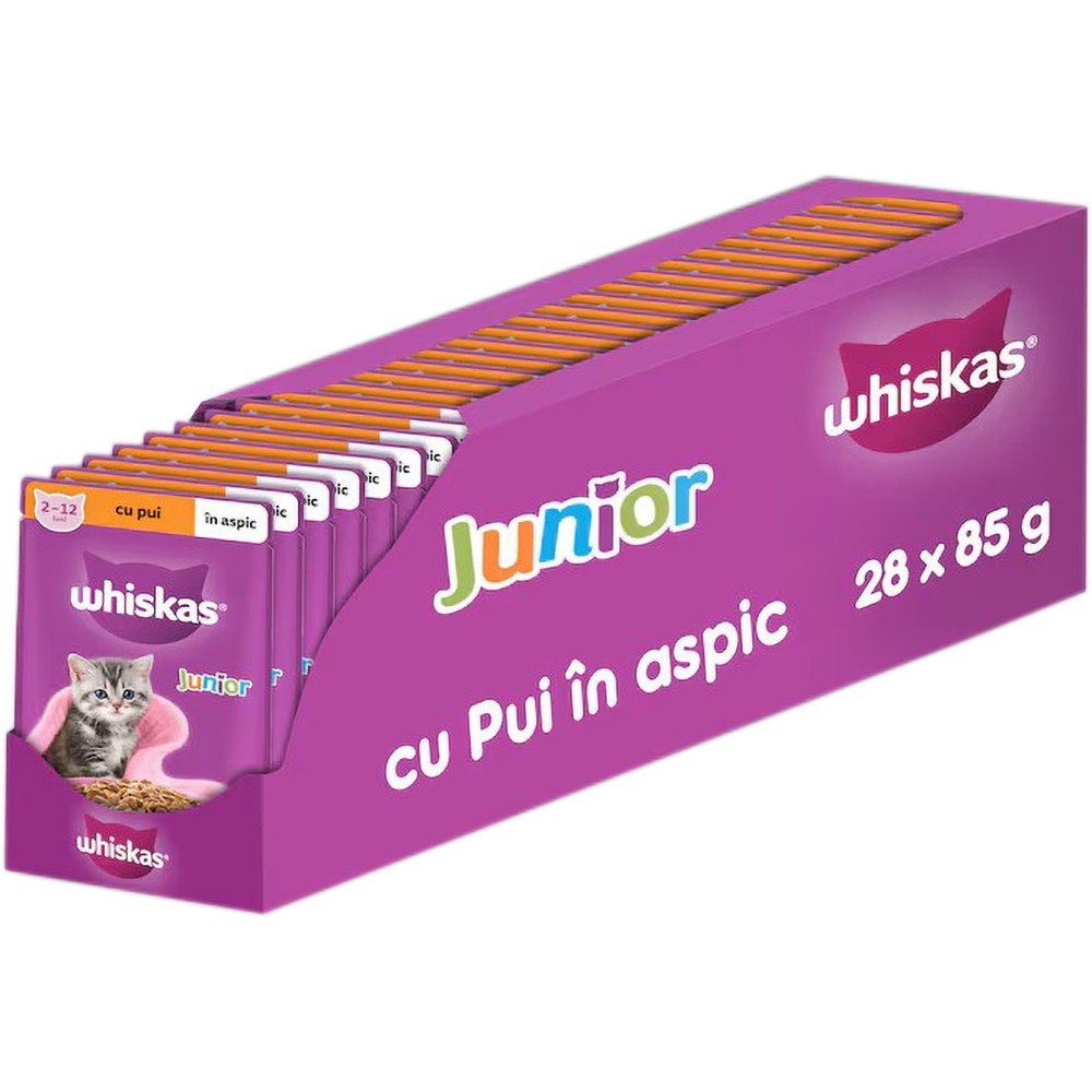 Hrana umeda pentru pisici WHISKAS, Junior, Pui in aspic, 28 x 85 g