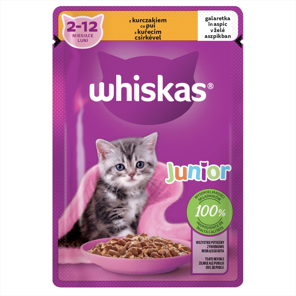 Hrana umeda pentru pisici WHISKAS, Junior, Pui in aspic, 28 x 85 g