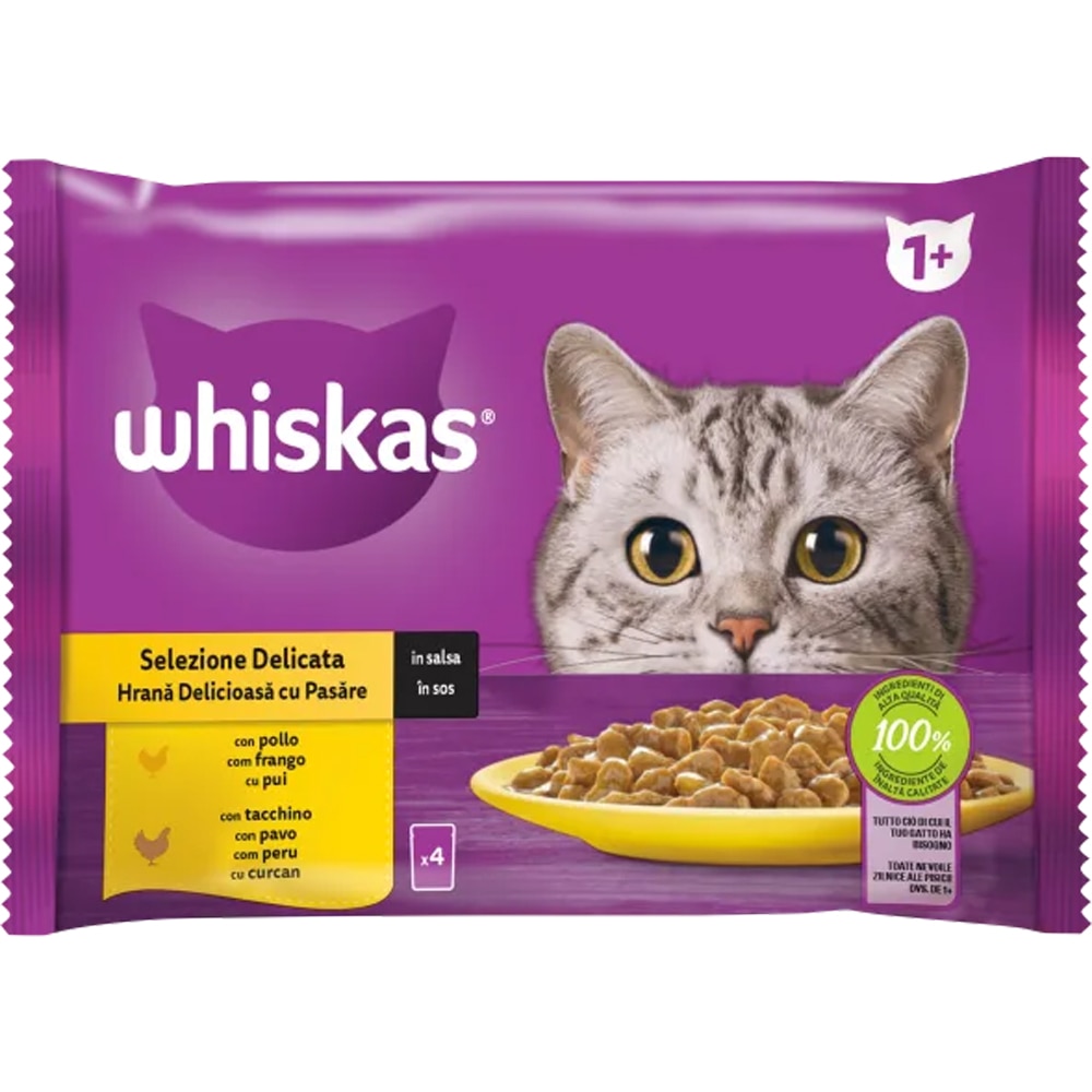 Hrana umeda pentru pisici WHISKAS, Adult, Pasare in sos, 13 x 4 x 85 g