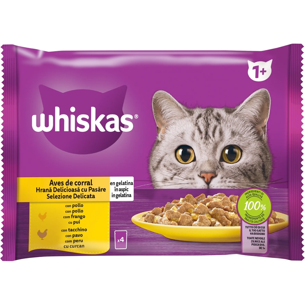Hrana umeda pentru pisici WHISKAS, Adult, Pasare in aspic, 13 x 4 x 85 g