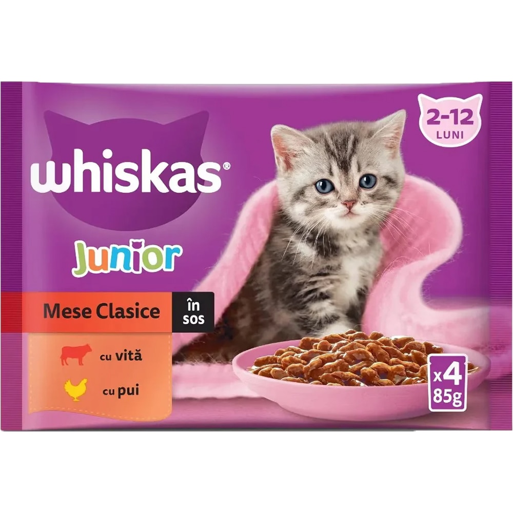 Hrana umeda pentru pisici WHISKAS Mese Clasice, Junior, Vita si pui, 4 x 85 g