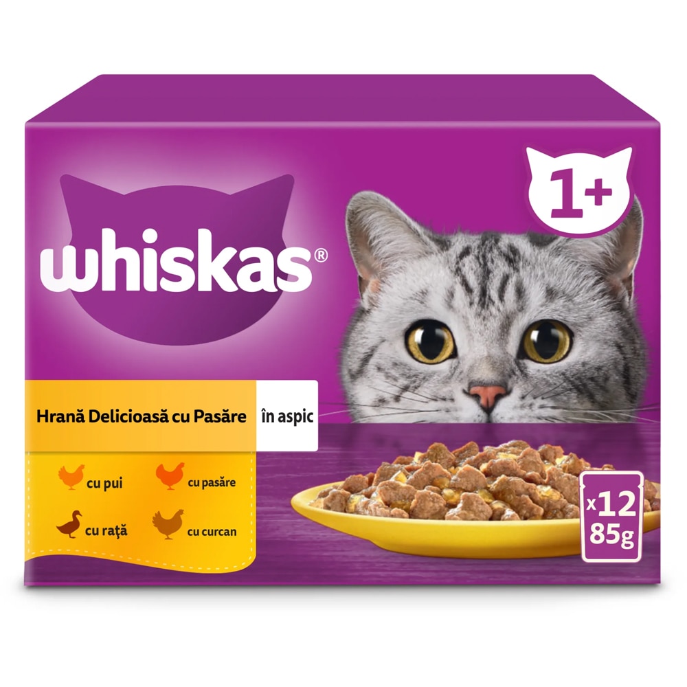 Hrana umeda pentru pisici WHISKAS, Adult, Pasare in aspic, 12 x 85 g