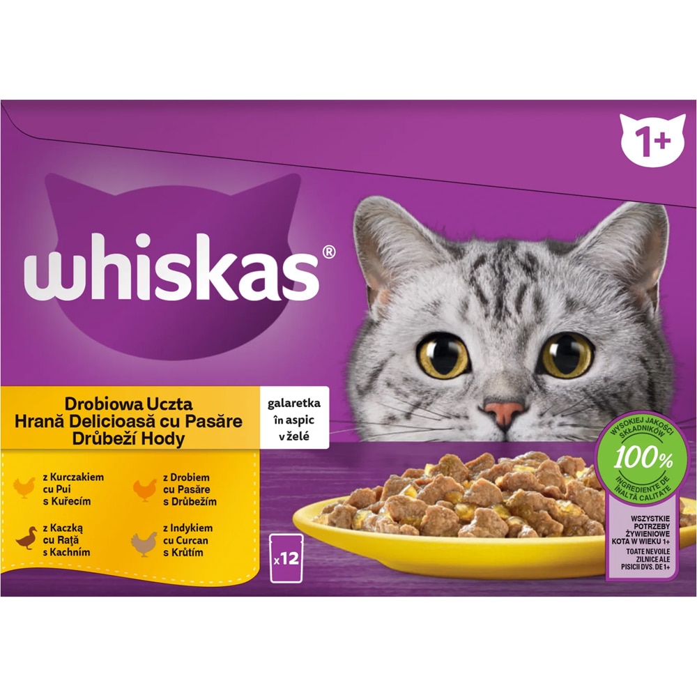 Hrana umeda pentru pisici WHISKAS, Adult, Pasare in aspic, 12 x 85 g