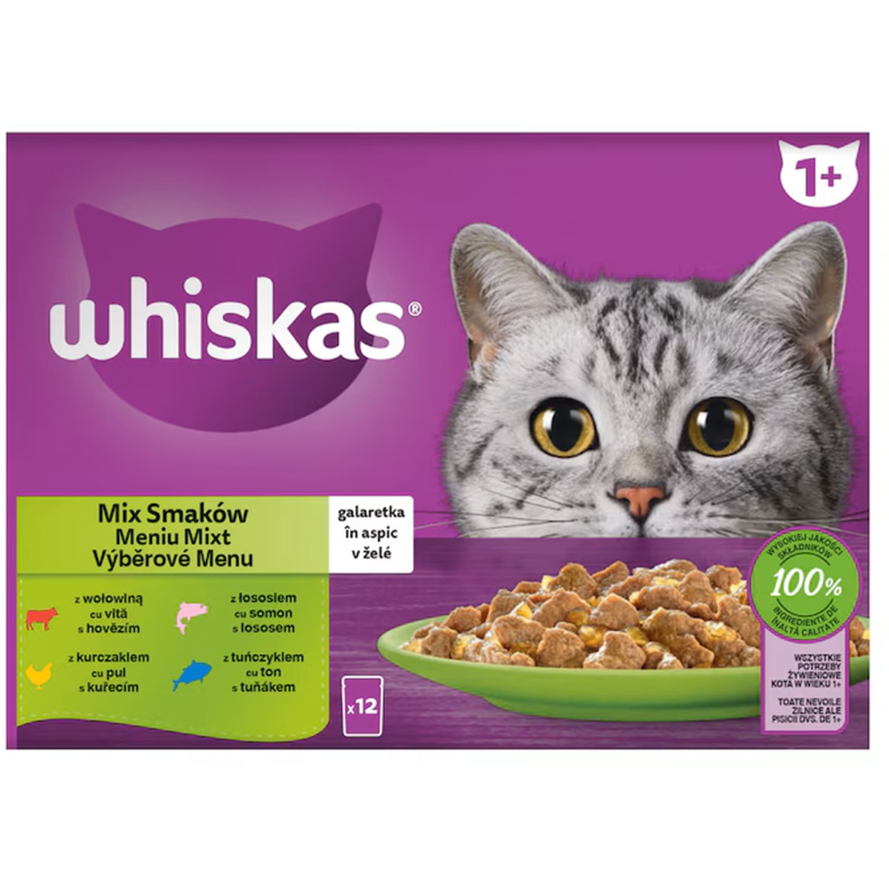 Hrana umeda pentru pisici WHISKAS, Adult, Mix in aspic, 12 x 85 g