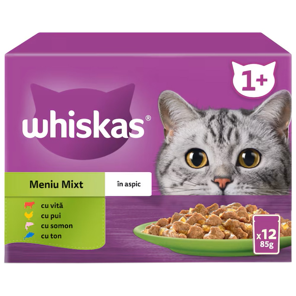 Hrana umeda pentru pisici WHISKAS, Adult, Mix in aspic, 12 x 85 g