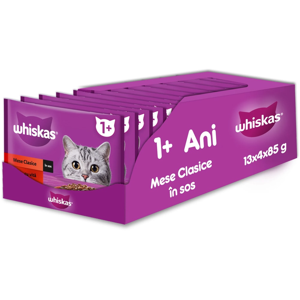 Hrana umeda pentru pisici WHISKAS Mese Clasice, Adult, Mix in sos, 13 x 4 x 85 g
