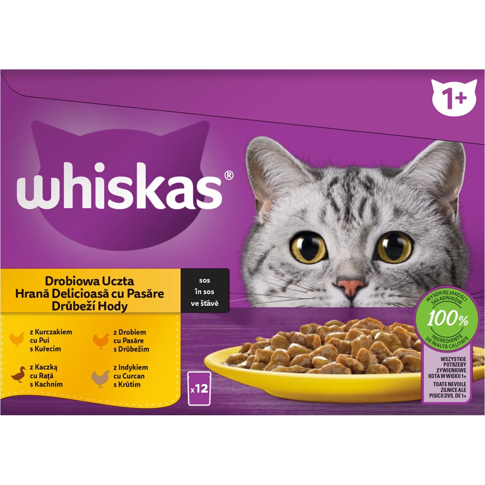 Hrana umeda pentru pisici WHISKAS, Adult, Pasare in sos, 12 x 85 g