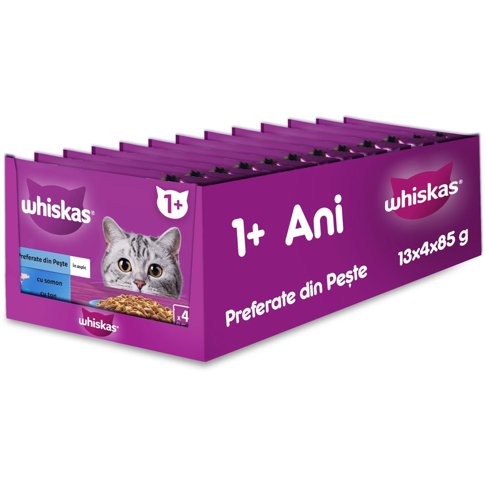 Hrana umeda pentru pisici WHISKAS, Adult, Peste in aspic, 13 x 4 x 85 g