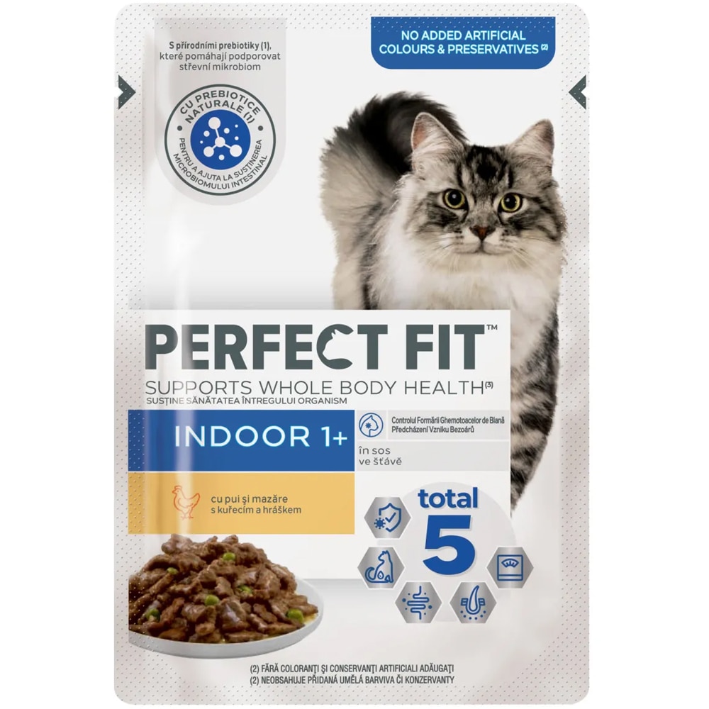 Hrana umeda pentru pisici PERFECT FIT Indoor, Adult, Pui, 12 x 85 g
