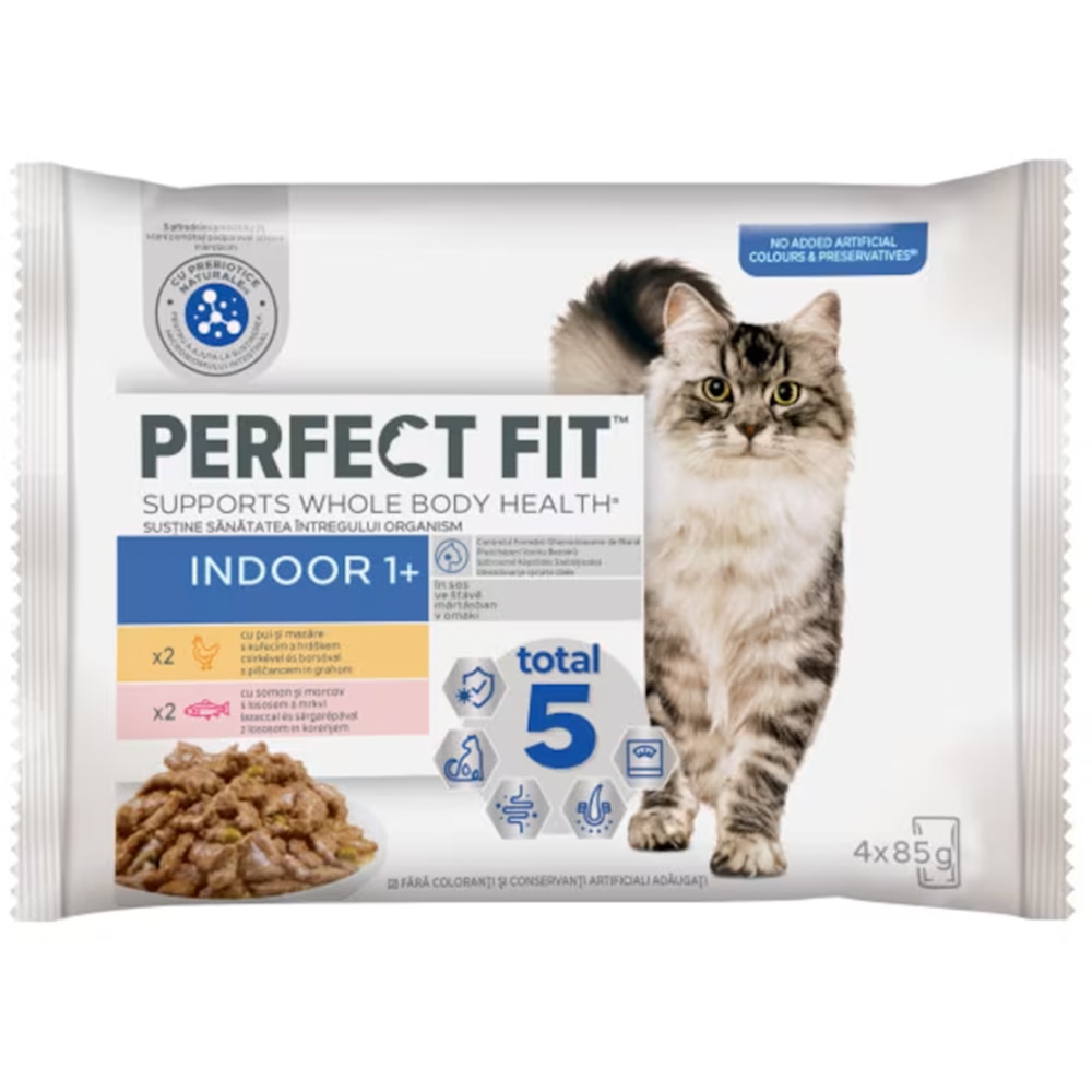Hrana umeda pentru pisici PERFECT FIT Indoor, Adult, Pui si somon, 13 x 4 x 85 g