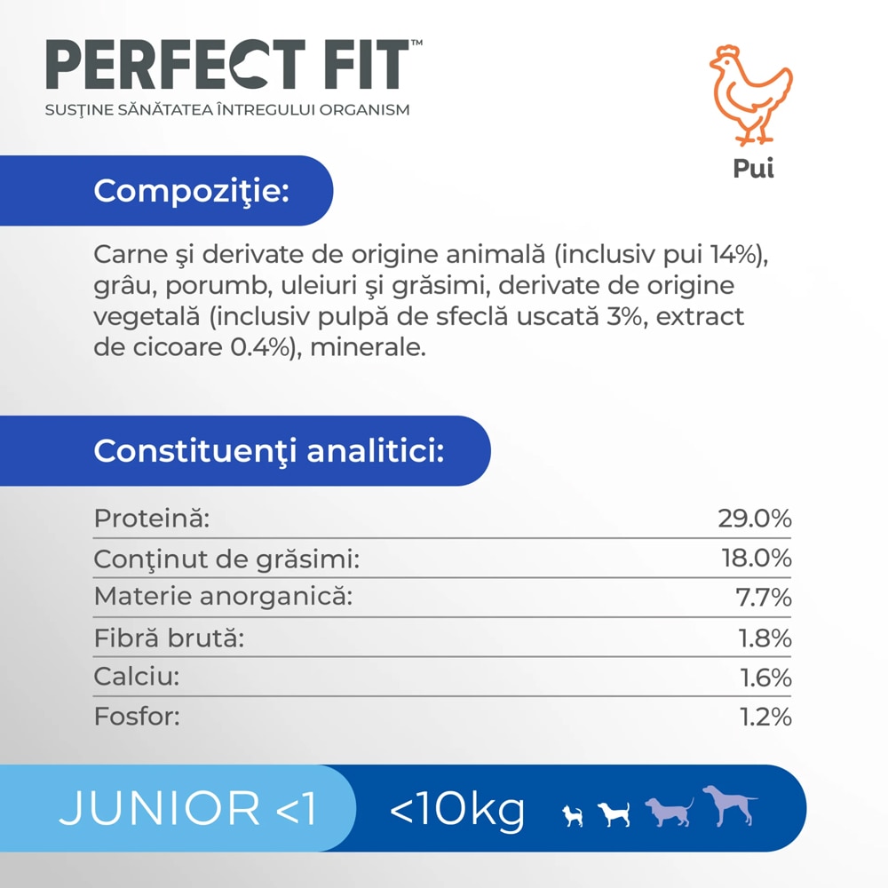 Hrana uscata pentru caini PERFECT FIT, Junior, Pui, 825 g