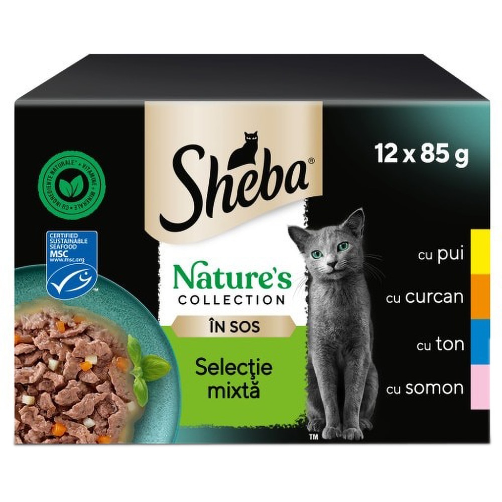Hrana umeda pentru pisici SHEBA Nature's Collection, Adult, Mix in sos, 12 x 85 g