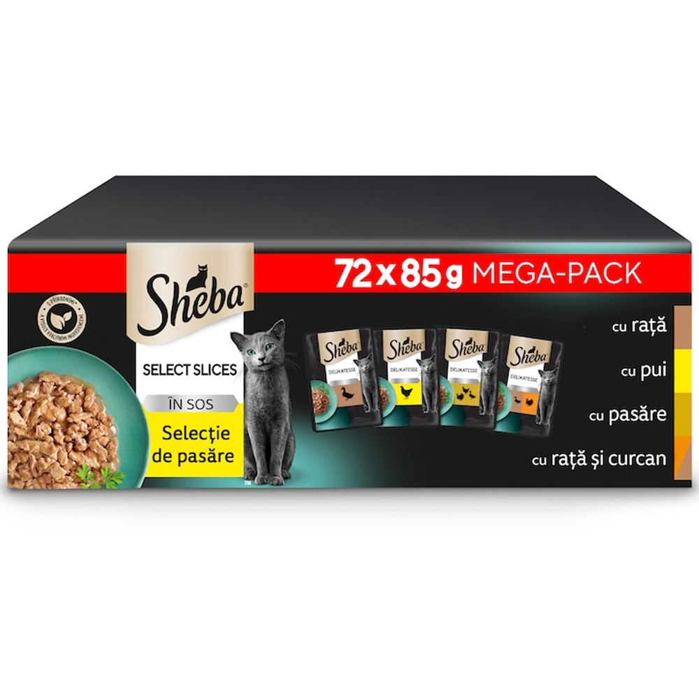Hrana umeda pentru pisici SHEBA Select Slices, Adult, Pasare in sos, 72 x 85 g