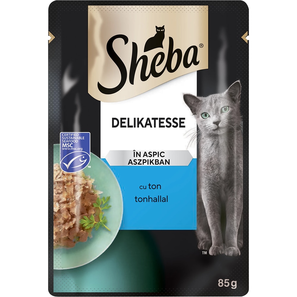 Hrana umeda pentru pisici SHEBA Delikatesse, Adult, Ton in aspic, 28 x 85 g