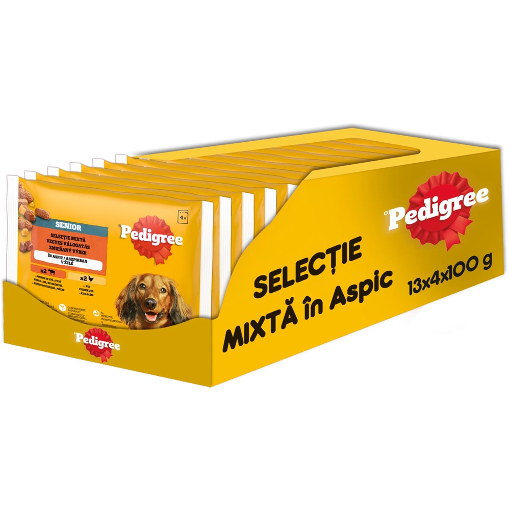 Hrana umeda pentru caini PEDIGREE, Senior, Mix in aspic, 13 x 4 x 100 g