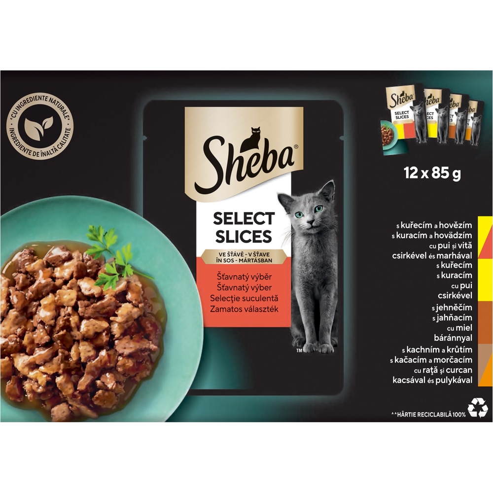 Hrana umeda pentru pisici SHEBA Select Slices, Adult, Mix in sos, 12 x 85 g