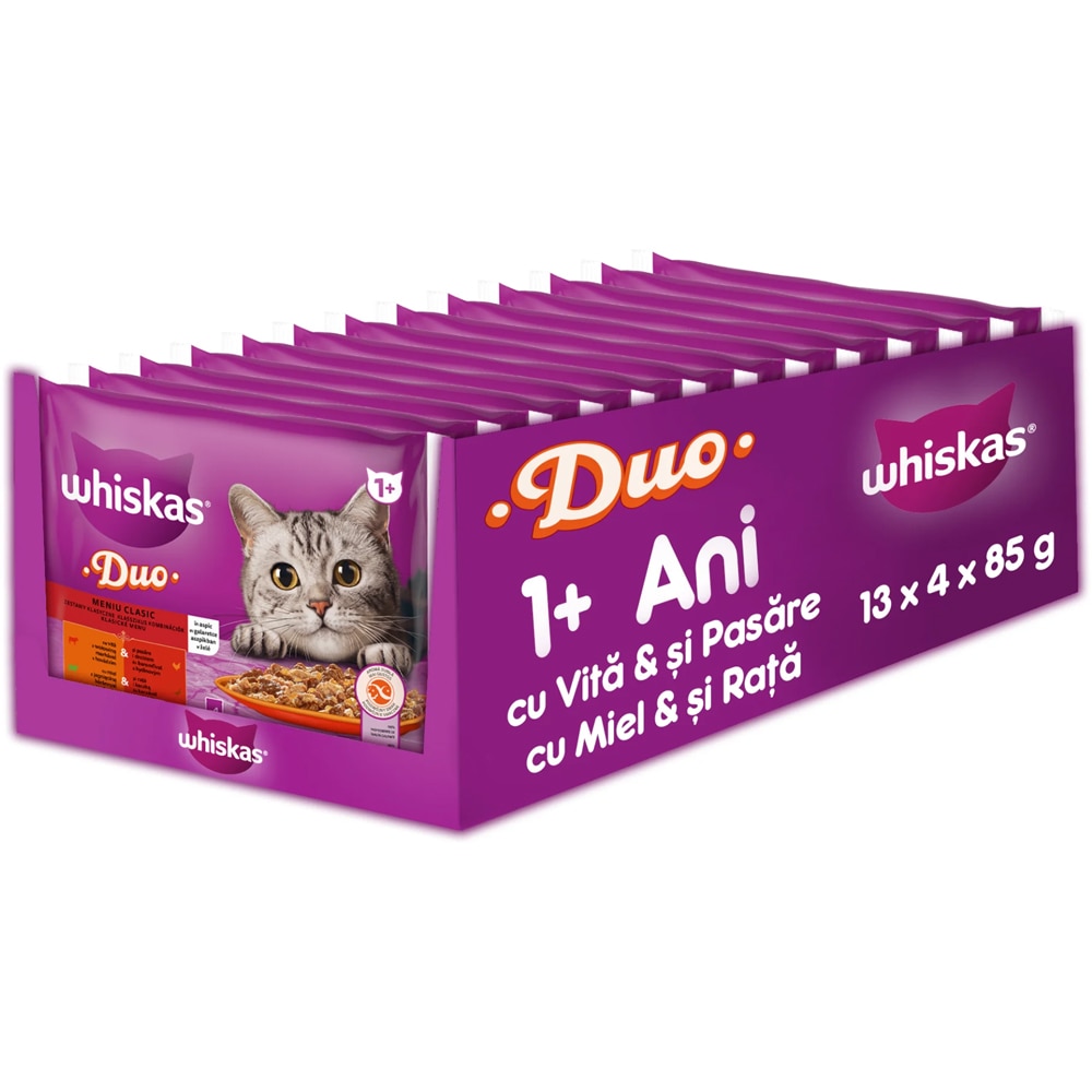 Hrana umeda pentru pisici WHISKAS Duo Meaty Combos, Adult, Mix in aspic, 13 x 4 x 85 g