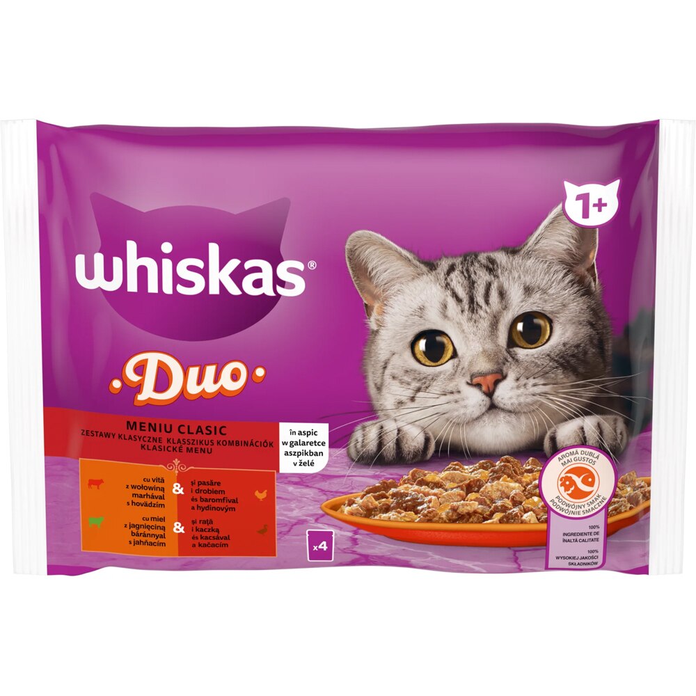 Hrana umeda pentru pisici WHISKAS Duo Meaty Combos, Adult, Mix in aspic, 13 x 4 x 85 g