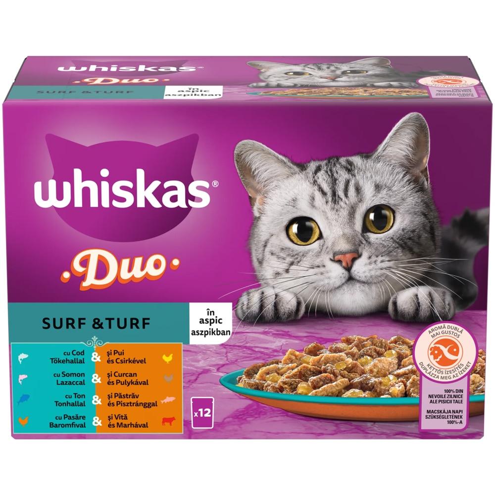 Hrana umeda pentru pisici WHISKAS 1+ Duo Surf and Turf, Adult, Mix in aspic, 12 x 85 g