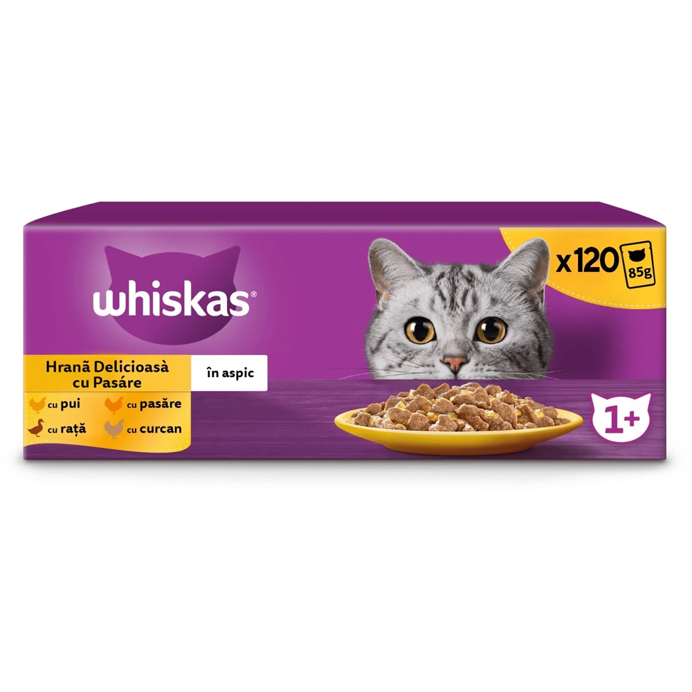 Hrana umeda pentru pisici WHISKAS Poultry Feasts, Adult, Pasare in aspic, 120 x 85 g