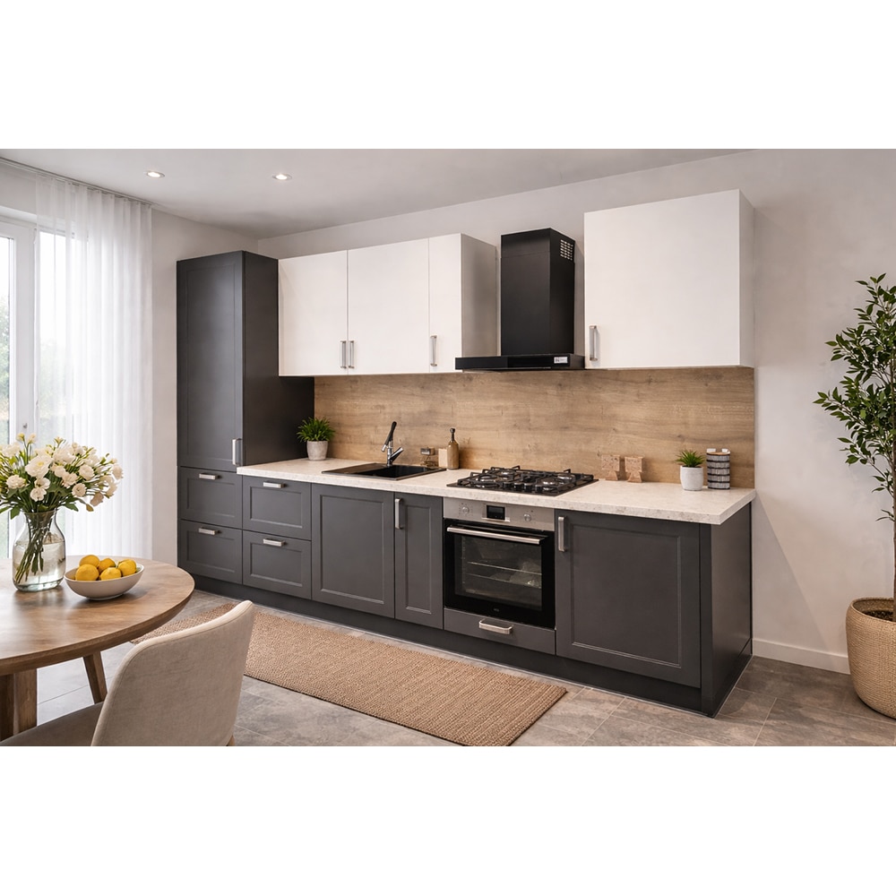 Mobila bucatarie Artemisia-Balsamita, PAL, 330 x 60 x 216 cm, grafit-alb mat