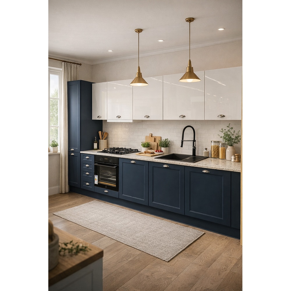 Mobila bucatarie Artemisia-Alisma, PAL, 330 x 60 x 216 cm, albastru-alb lucios