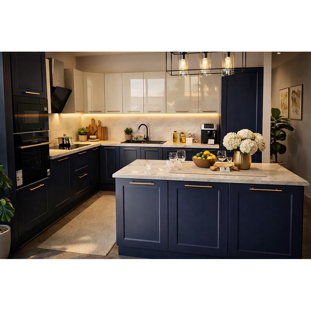 Mobila bucatarie Artemisia, PAL, 380/250 x 60 x 216 cm, albastru-crem