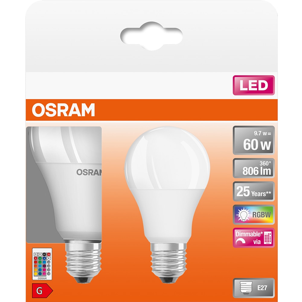 Set 2 becuri LED RGBW OSRAM 4058075091733, E27, 9W, Telecomanda