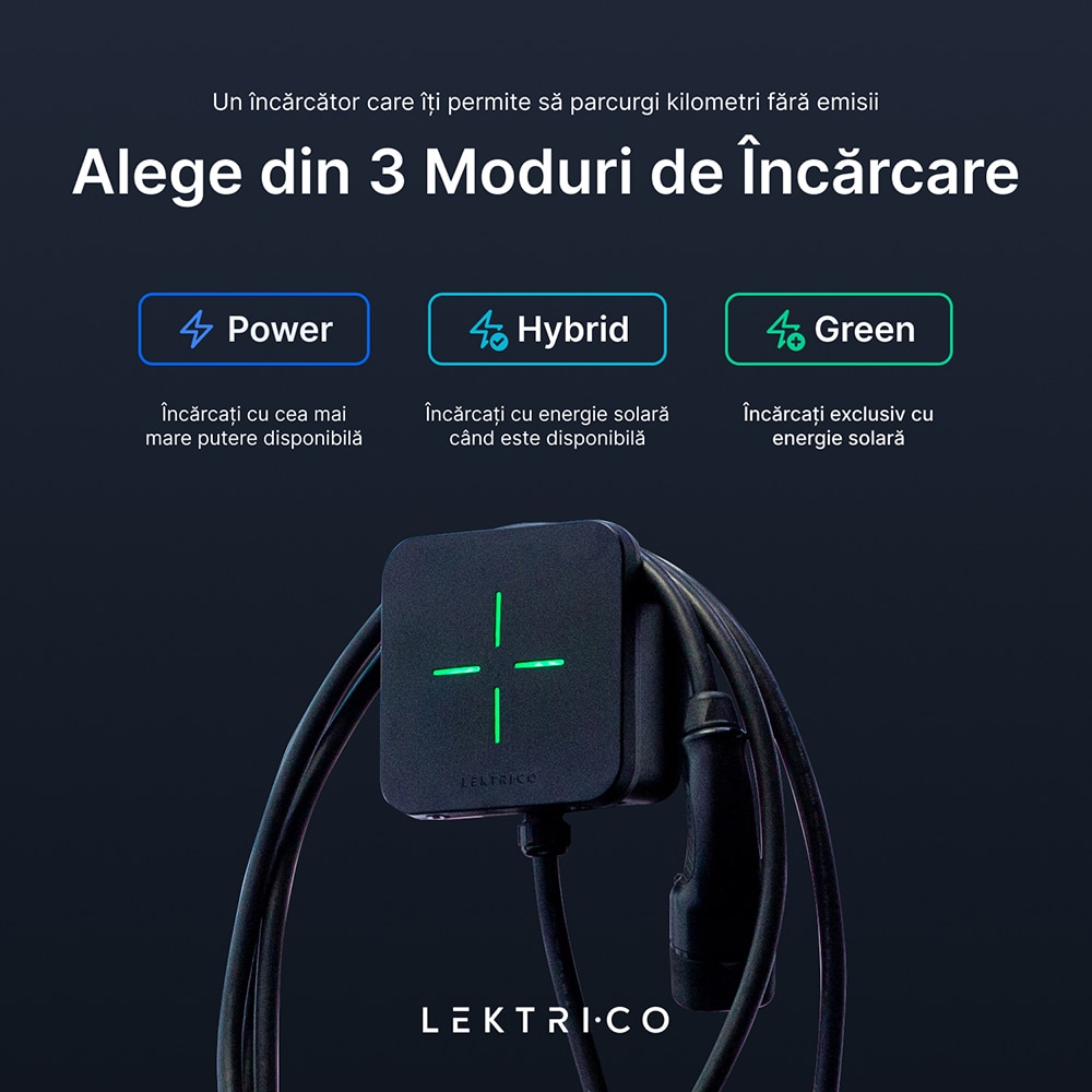 Statie incarcare masini electrice LEKTRI.CO One EM, monofazat 7.4kW, 32A, Type 2, cablu 5m, Wi-Fi, negru