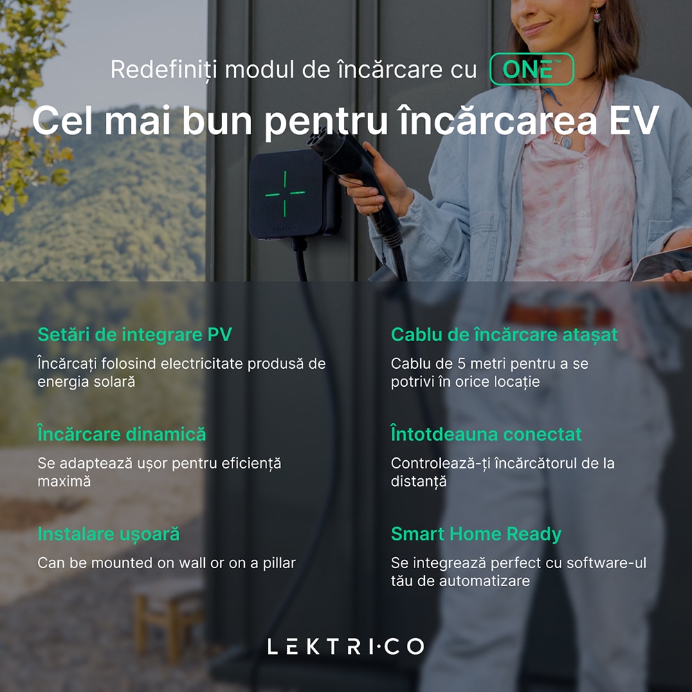 Statie incarcare masini electrice LEKTRI.CO One Safe EM, monofazat 7.4kW, 32A, Type 2, cablu 5m, Wi-Fi, negru