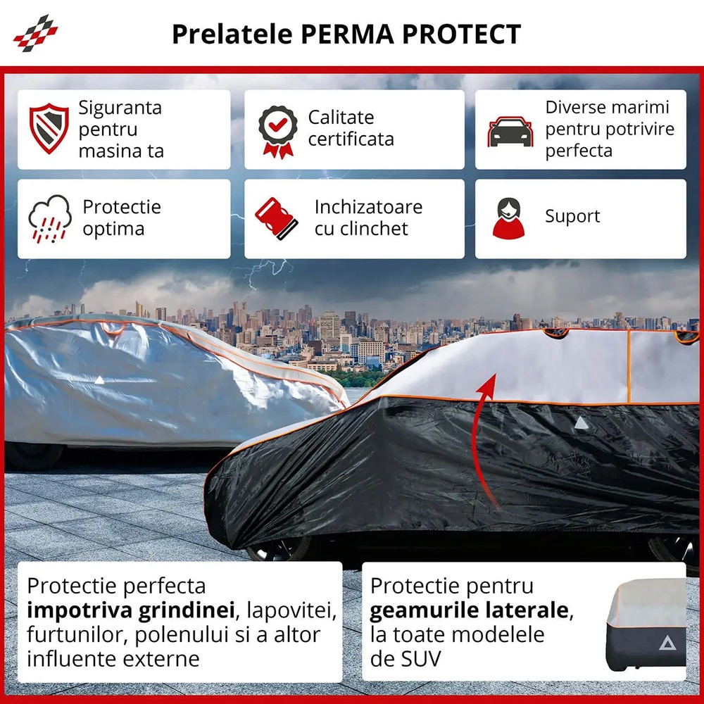 Prelata auto WALSER L, 475 x 162 x 117 cm, antigrindina, argintiu-negru