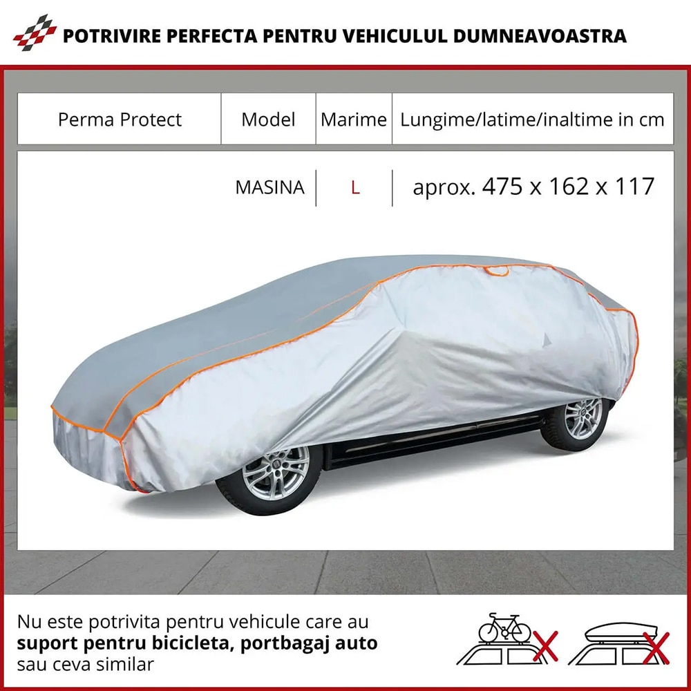 Prelata auto WALSER L, 475 x 162 x 117 cm, antigrindina, argintiu-negru